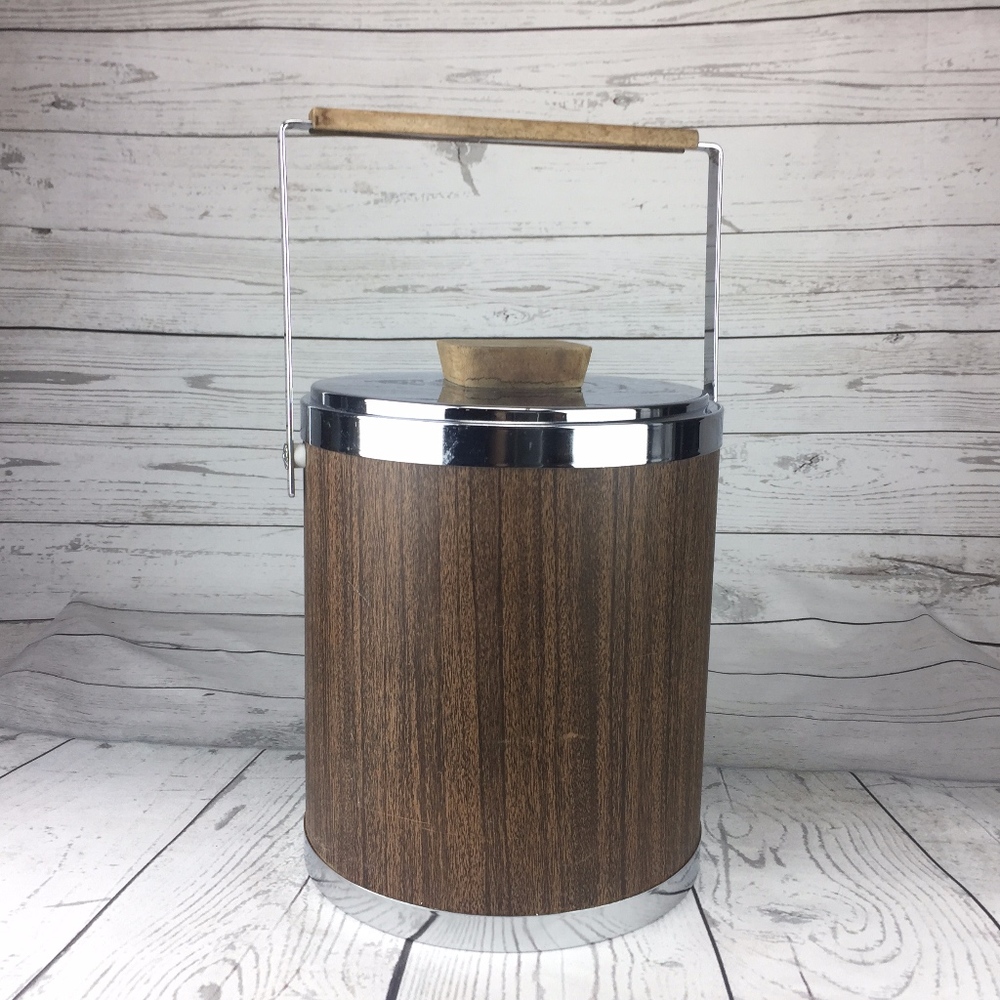 Vintage Kromex Ice Bucket Wood Metal MCM Retro
